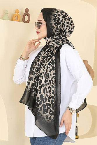 moda selvim Leopar Desen Soft Şal Serisi 154IPK758 Vizyon&Siyah - Thumbnail