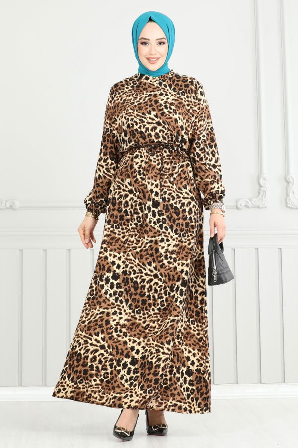 Modaselvim İndirimli Yeni Sezon Leopar Desen Viskon Elbise 803OZN1046 Leopar