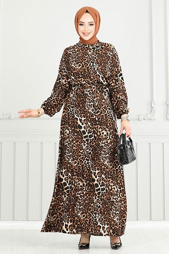 moda selvim Leopar Desen Viskon Elbise 803OZN1046 Siyah - Thumbnail
