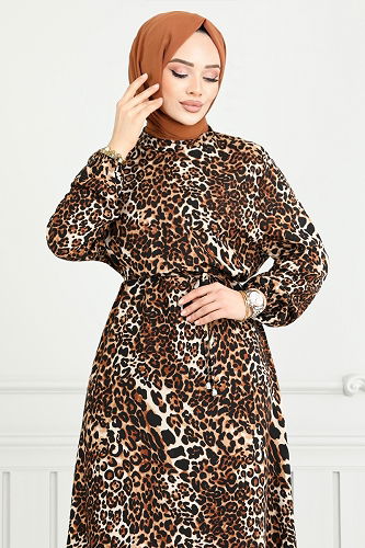 moda selvim Leopar Desen Viskon Elbise 803OZR1047-M Siyah - Thumbnail