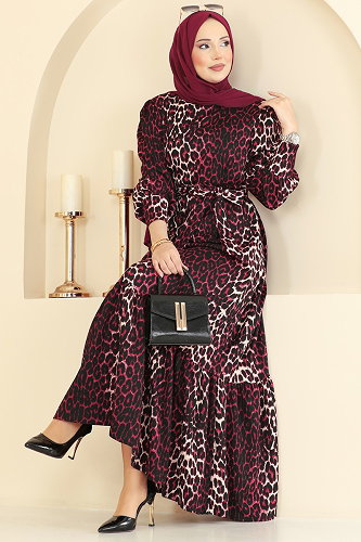 moda selvim Leopar Desenli Bürümcük Elbise 7169ERK1158 Bordo - Thumbnail