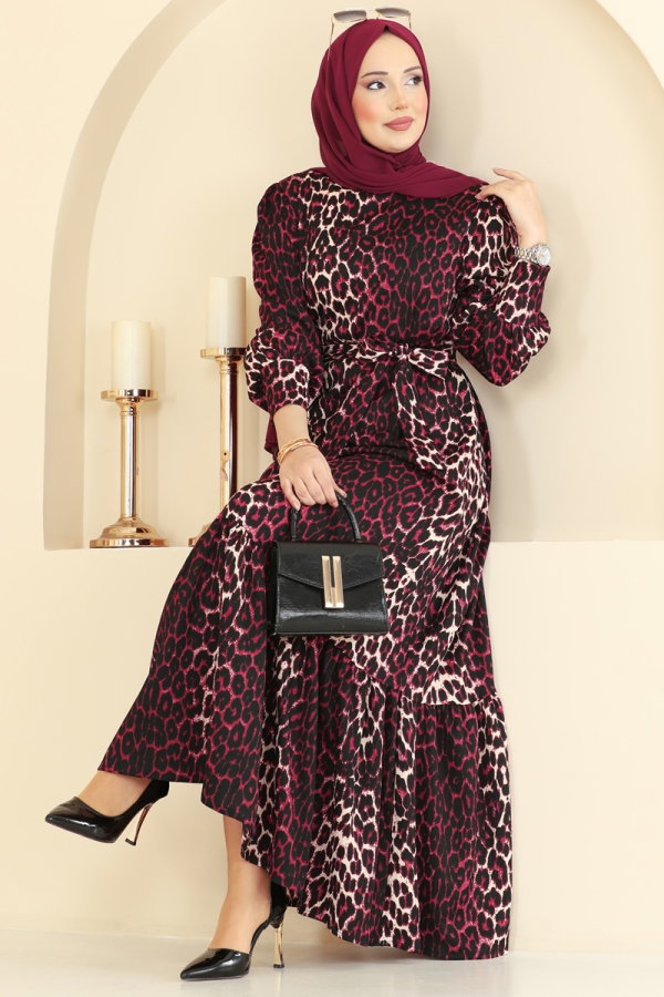 Modaselvim Elbise Leopar Desenli Bürümcük Elbise 7169ERK1158 Bordo
