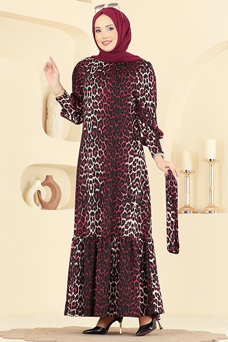 moda selvim Leopar Desenli Bürümcük Elbise 7169ERK1158 Bordo - Thumbnail
