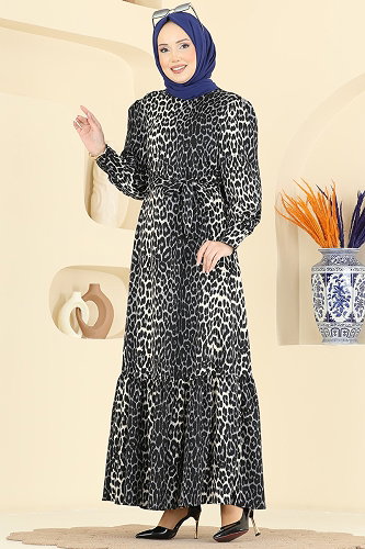 moda selvim Leopar Desenli Bürümcük Elbise 7169ERK1158 Gri - Thumbnail