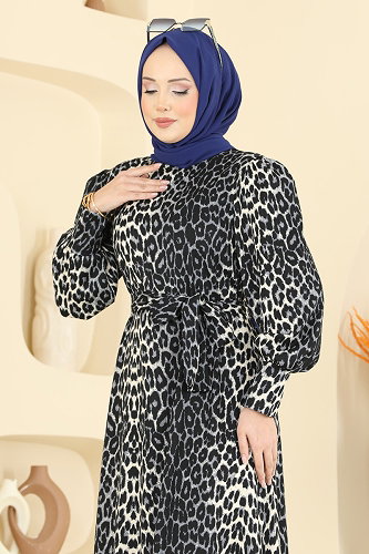 moda selvim Leopar Desenli Bürümcük Elbise 7169ERK1158 Gri - Thumbnail