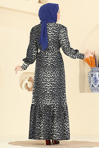 moda selvim Leopar Desenli Bürümcük Elbise 7169ERK1158 Gri - Thumbnail