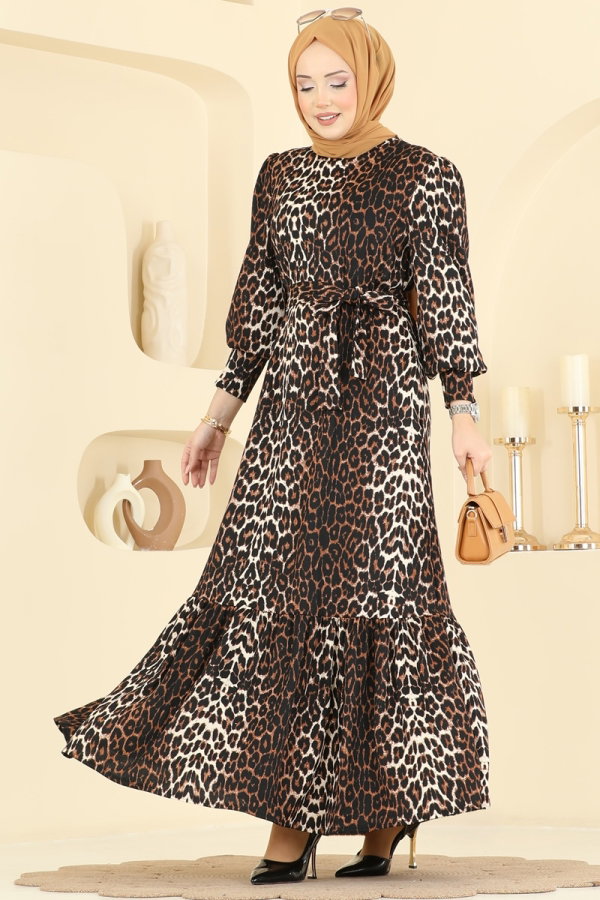 Modaselvim Elbise Leopar Desenli Bürümcük Elbise 7169ERK1158 Kahve