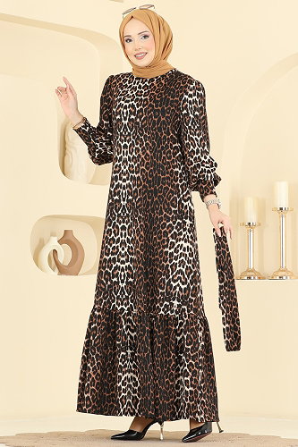 moda selvim Leopar Desenli Bürümcük Elbise 7169ERK1158 Kahve - Thumbnail