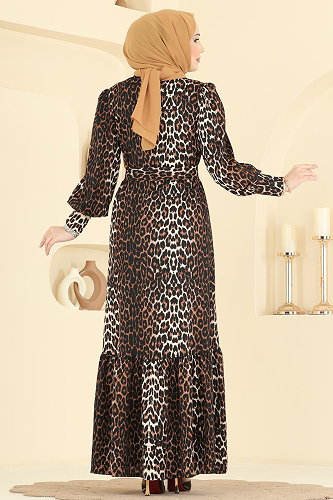 moda selvim Leopar Desenli Bürümcük Elbise 7169ERK1158 Kahve - Thumbnail