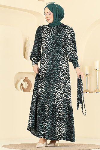 moda selvim Leopar Desenli Bürümcük Elbise 7169ERK1158 Zümrüt - Thumbnail