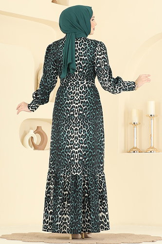 moda selvim Leopar Desenli Bürümcük Elbise 7169ERK1158 Zümrüt - Thumbnail