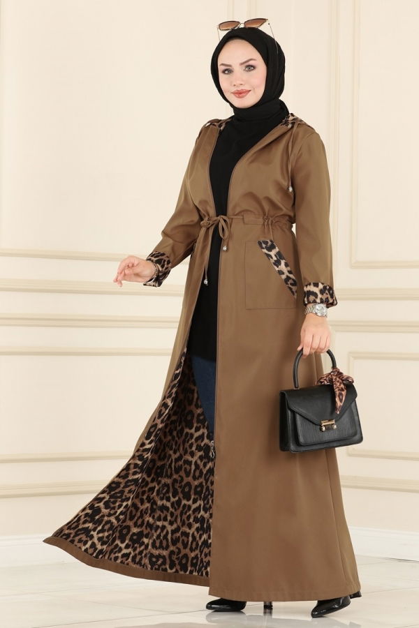 Modaselvim KURBAN BAYRAMI İNDİRİMİ Leopar Desenli Trençkot ASM2411 Taba