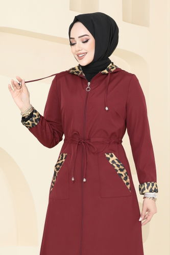 moda selvim Leopar Desenli Trençkot ASM2659 Bordo - Thumbnail