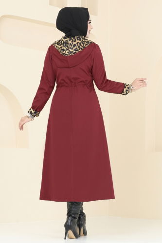 moda selvim Leopar Desenli Trençkot ASM2659 Bordo - Thumbnail