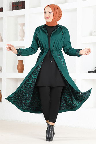 moda selvim Leopar Desenli Trençkot ASM2659-M Zümrüt - Thumbnail
