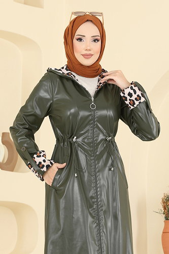 moda selvim Leopar Detay Deri Kap 4409AL357 Haki - Thumbnail