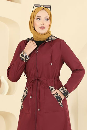 moda selvim Leopar Detaylı Bondit Trençkot 2659ASMK1074 Bordo - Thumbnail