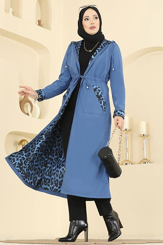 moda selvim Leopar Detaylı Bondit Trençkot 2659ASMK1074 İndigo - Thumbnail