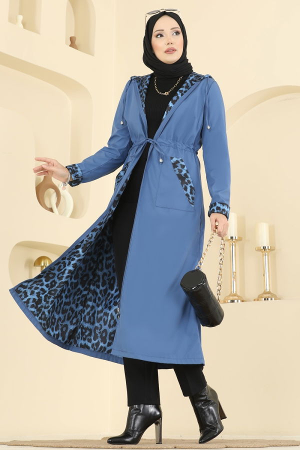 Modaselvim Trençkot Leopar Detaylı Bondit Trençkot 2659ASMK1074 İndigo