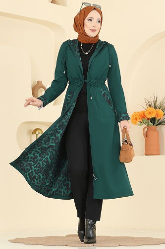 moda selvim Leopar Detaylı Bondit Trençkot 2659ASMK1074 Zümrüt - Thumbnail