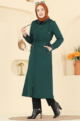 moda selvim Leopar Detaylı Bondit Trençkot 2659ASMK1074 Zümrüt - Thumbnail