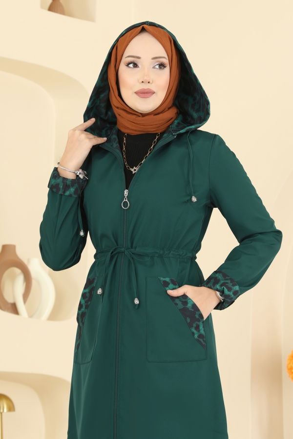 Modaselvim Trençkot Leopar Detaylı Bondit Trençkot 2659ASMK1074 Zümrüt