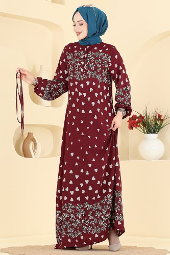 moda selvim Leopar Detaylı Viskon Elbise 145NZRK1200 Bordo - Thumbnail