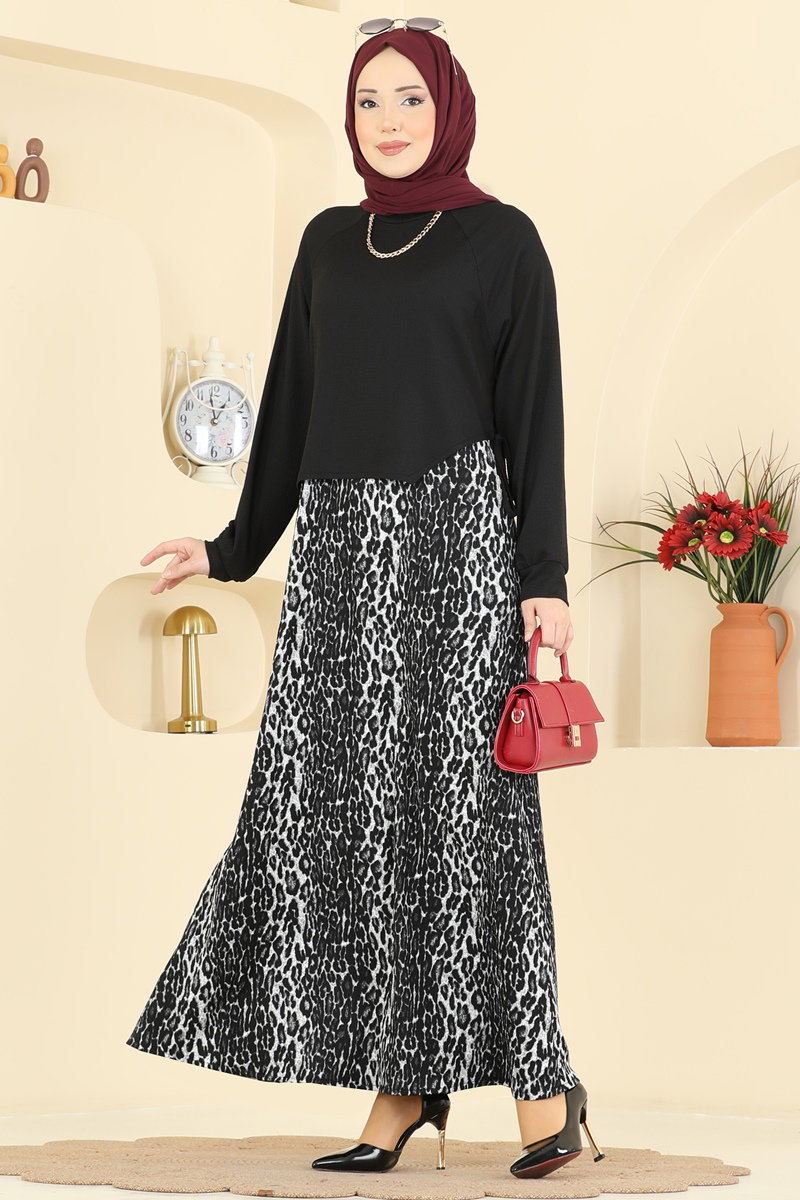 Leopar Etekli Bürümcük Elbise 7153ERK1158 Siyah