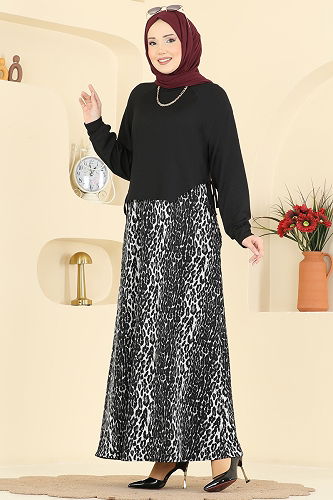 moda selvim Leopar Etekli Bürümcük Elbise 7153ERK1158 Siyah - Thumbnail