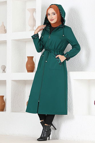 moda selvim Leopard Print Trench Coat ASM2659-M Emerald - Thumbnail
