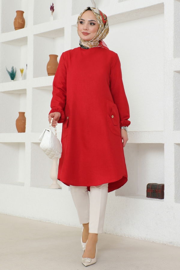 Modaselvim BIG SEASON DISCOUNT Linen Tunic with Pocket Detail 3009KTR750 Red