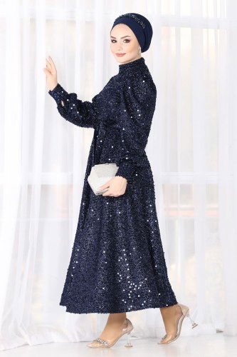 moda selvim Pul Payet İşlemeli Midi Abiye 6455YG95 Laci - Thumbnail