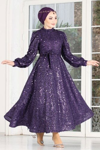 moda selvim Pul Payet İşlemeli Midi Abiye 6455YG95 Mor - Thumbnail