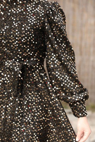 moda selvim Pul Payet İşlemeli Midi Abiye 6455YG95 Siyah&Gold - Thumbnail