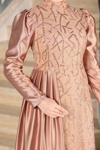 moda selvim Mahidevran Saten Abiye 6457YG95 Pudra Vizyon - Thumbnail