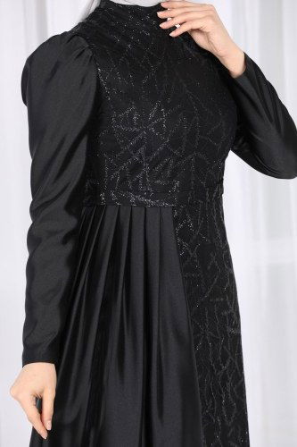 moda selvim Mahidevran Saten Abiye 6457YG95 Siyah - Thumbnail
