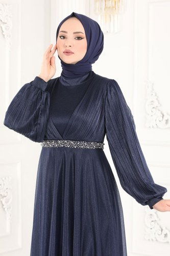 moda selvim Manolya Simli Tül Abiye 1853AY342 Laci - Thumbnail