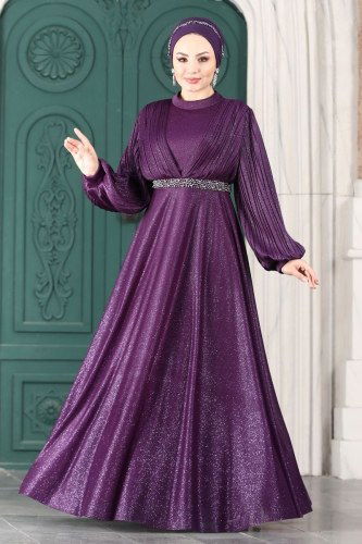 moda selvim Manolya Simli Tül Abiye 1853AY342 Mürdüm - Thumbnail