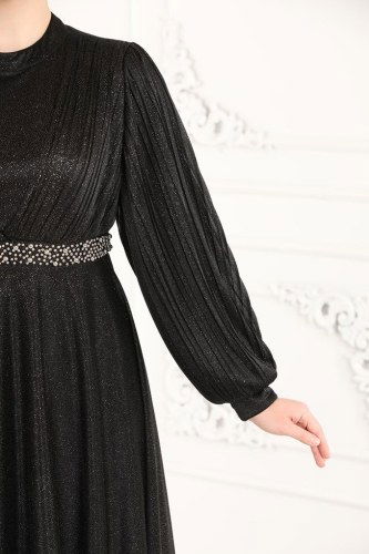 moda selvim Manolya Simli Tül Abiye 1853AY342 Siyah - Thumbnail