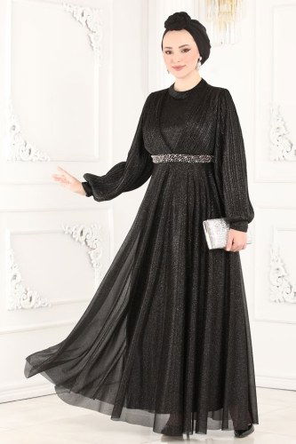 moda selvim Manolya Simli Tül Abiye 1853AY342 Siyah - Thumbnail