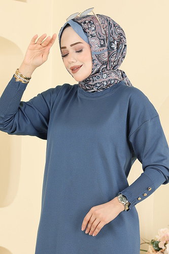 moda selvim Manşet Detaylı Merserize Tunik 3319NVX1208 İndigo - Thumbnail