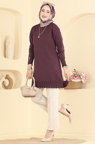 moda selvim Manşet Detaylı Merserize Tunik 3319NVX1208 Mürdüm - Thumbnail