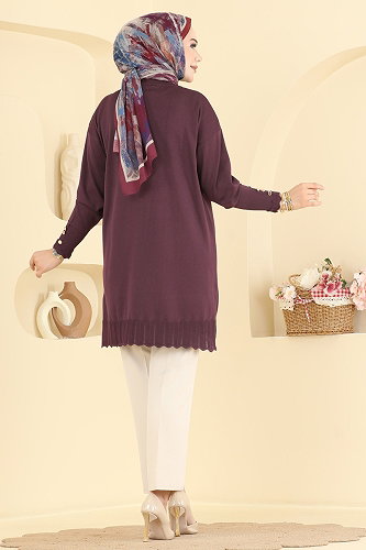 moda selvim Manşet Detaylı Merserize Tunik 3319NVX1208 Mürdüm - Thumbnail