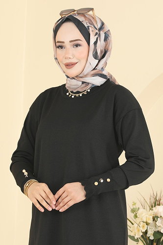 moda selvim Manşet Detaylı Merserize Tunik 3319NVX1208 Siyah - Thumbnail