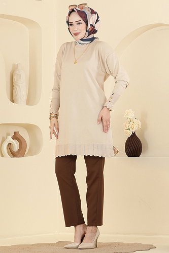 moda selvim Manşet Detaylı Merserize Tunik 3319NVX1208 Taş - Thumbnail
