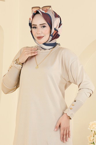 moda selvim Manşet Detaylı Merserize Tunik 3319NVX1208 Taş - Thumbnail