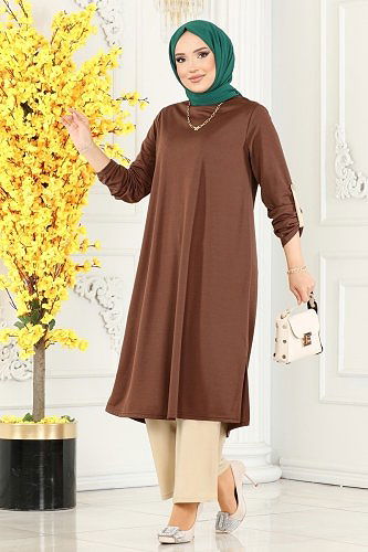 moda selvim Manşet Düğmeli İkili Takım 250DVL817 Kahve&Taş - Thumbnail