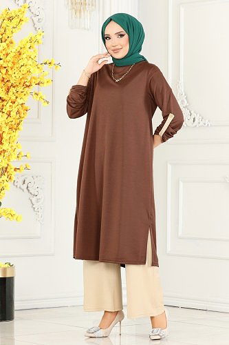 moda selvim Manşet Düğmeli İkili Takım 250DVL817 Kahve&Taş - Thumbnail