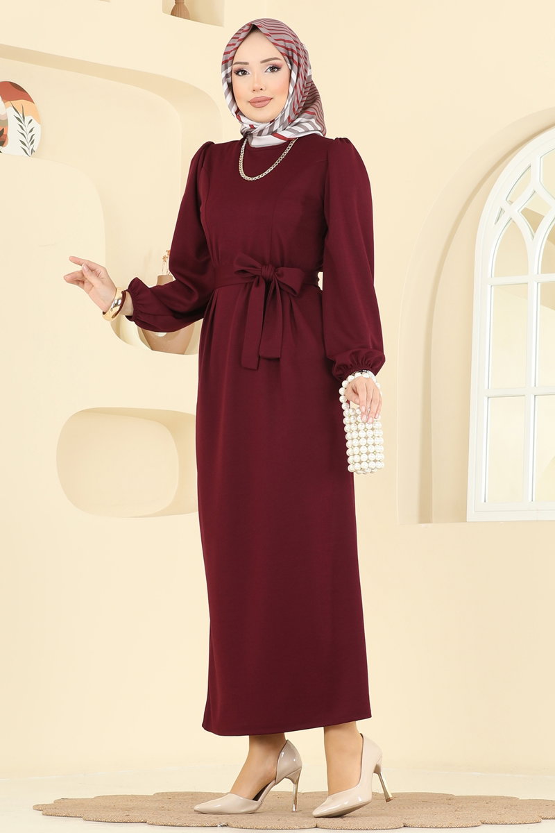 Manşet Lastikli Kuşaklı Elbise 25008UKB139 Bordo