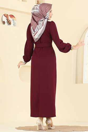 moda selvim Manşet Lastikli Kuşaklı Elbise 25008UKB139 Bordo - Thumbnail